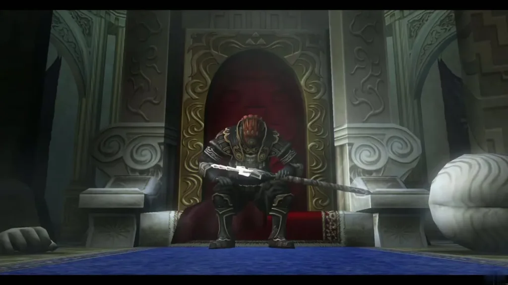 Ganondorf seated on his throne at the end of the blue carpet Ganondorf seated on his throne at the end of the blue carpet