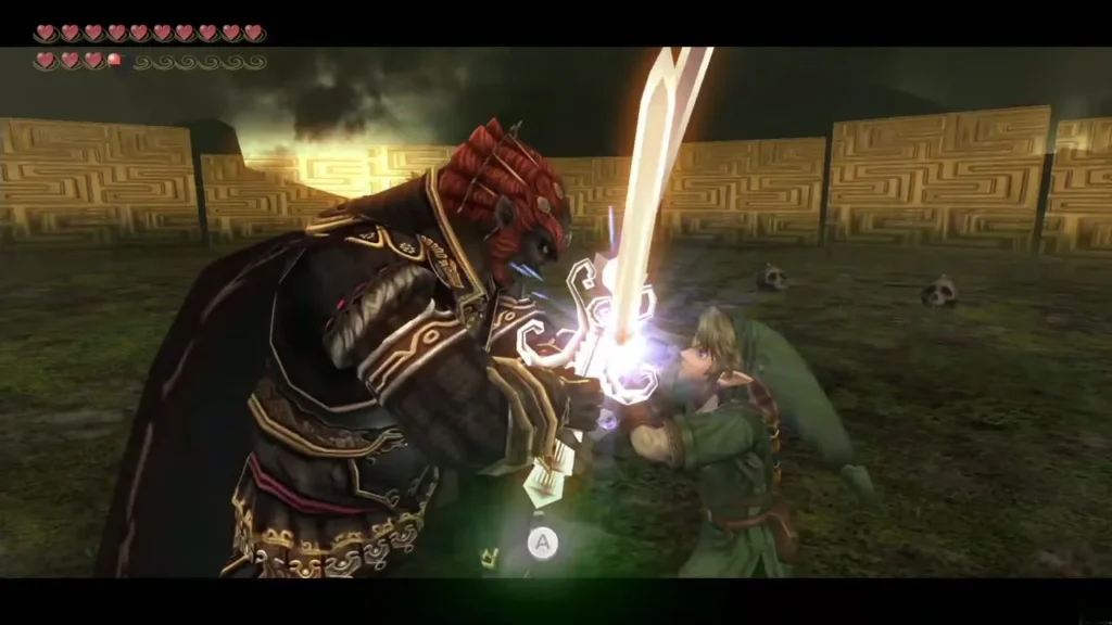 Link and Ganondorf locked in a sword clash, the Master Sword glowing between them Link and Ganondorf locked in a sword clash, the Master Sword glowing between them