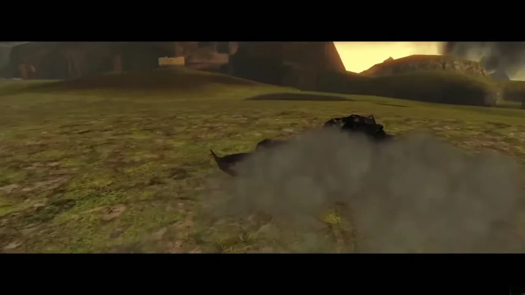 Ganondorf sprawled on the grass in a cloud of dust after being thrown Ganondorf sprawled on the grass in a cloud of dust after being thrown