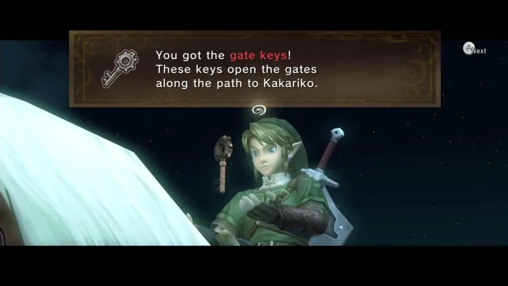 Link holding up the gate keys with the message box shown Link holding up the gate keys with the message box shown