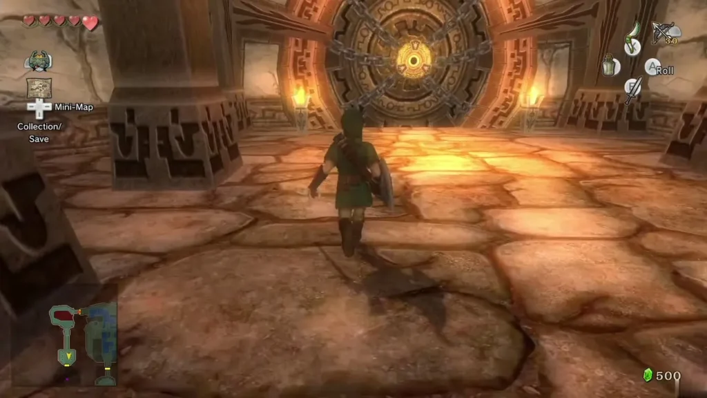 Link walking toward the chained Goron Mines boss door Link walking toward the chained Goron Mines boss door
