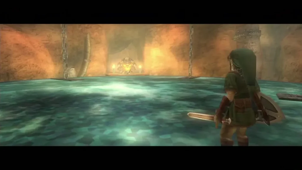 Link standing on the magnetic arena floor over lava in the Goron Mines Link standing on the magnetic arena floor over lava in the Goron Mines