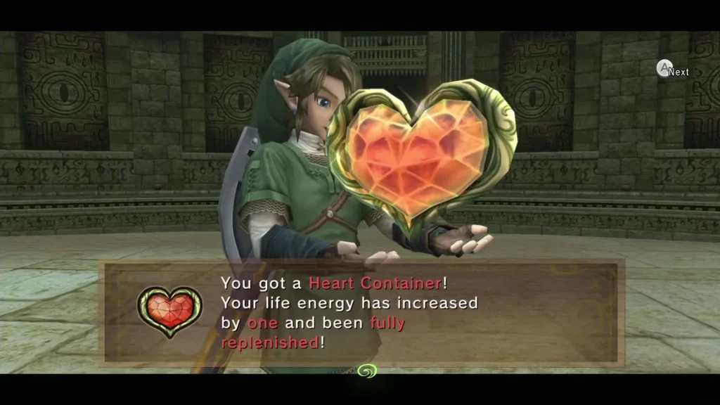 Link holding up a Heart Container with its full message box Link holding up a Heart Container with its full message box