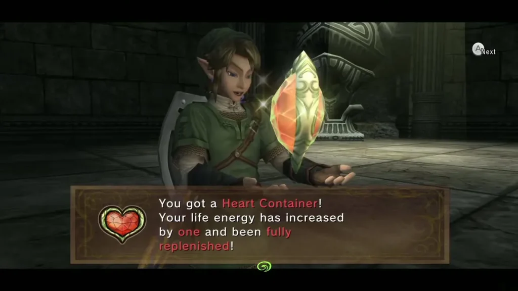 Link holding up a Heart Container with the item message box Link holding up a Heart Container with the item message box