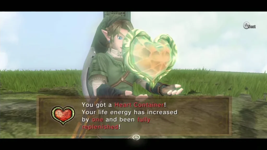 Link holding up a Heart Container with the life energy message box Link holding up a Heart Container with the life energy message box