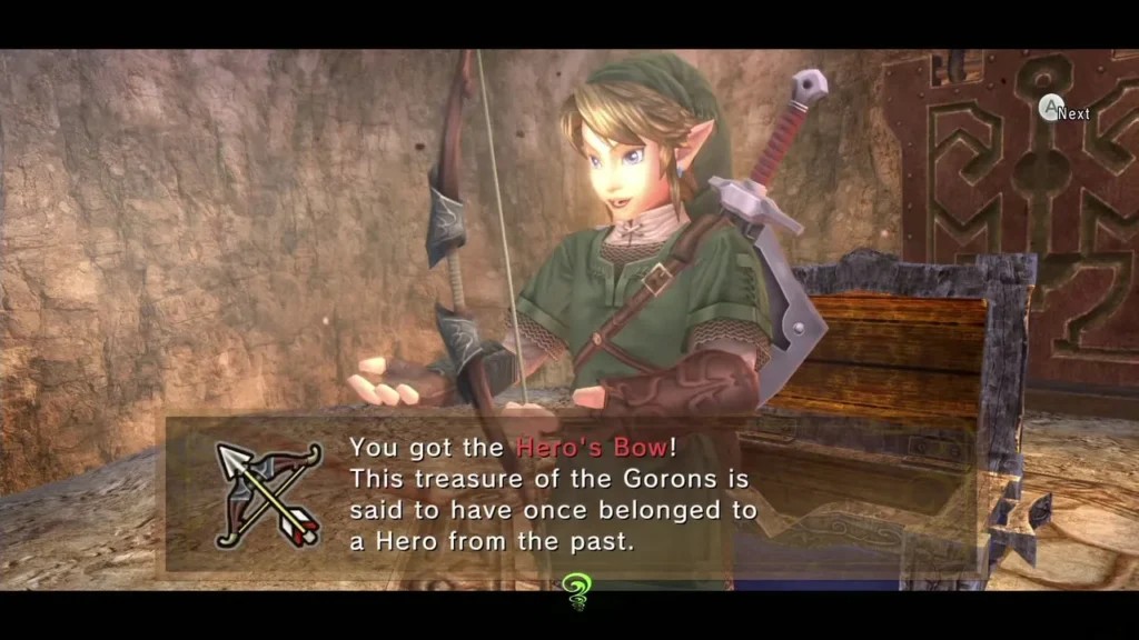 Link holding the Hero's Bow with the item message box complete Link holding the Hero's Bow with the item message box complete