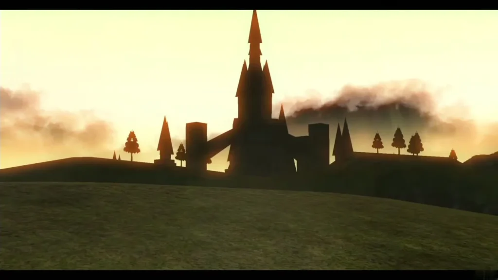Hyrule Castle silhouetted against a smoke-filled sunset over the field Hyrule Castle silhouetted against a smoke-filled sunset over the field