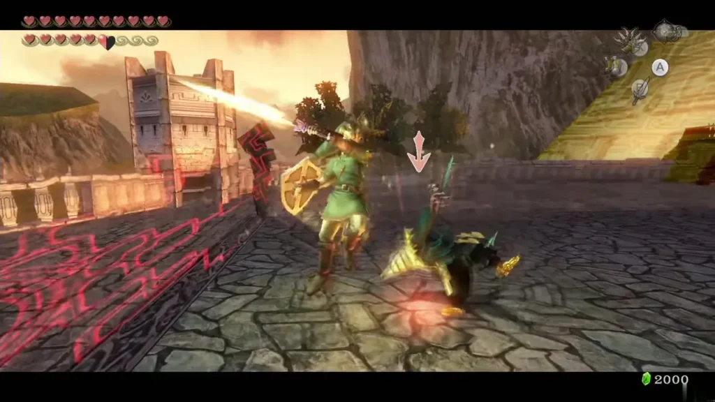 Link battling Zant's scimitars on the cobbled field near Hyrule Castle Link battling Zant's scimitars on the cobbled field near Hyrule Castle