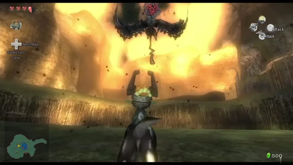Shadow Kargarok hovering above Midna and Wolf Link in a burning canyon Shadow Kargarok hovering above Midna and Wolf Link in a burning canyon