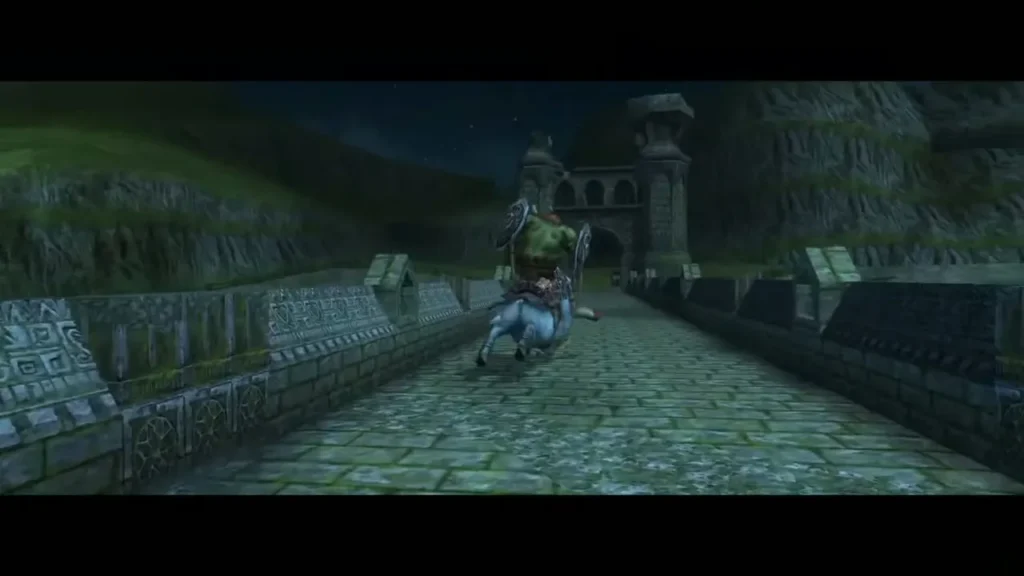 King Bulblin on horseback on the stone bridge toward the gate King Bulblin on horseback on the stone bridge toward the gate