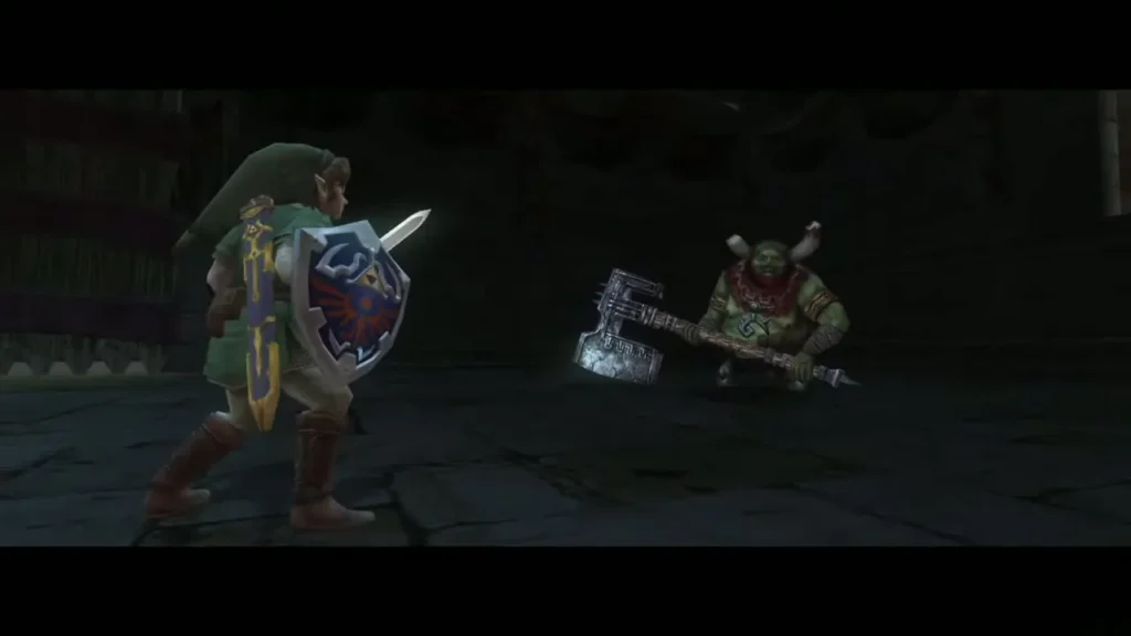 Link facing King Bulblin as he swings his enormous spiked club Link facing King Bulblin as he swings his enormous spiked club