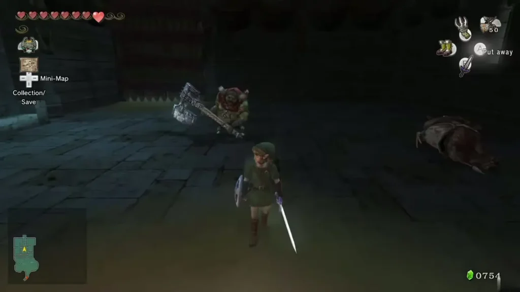 Link with his sword drawn while King Bulblin readies his club nearby Link with his sword drawn while King Bulblin readies his club nearby