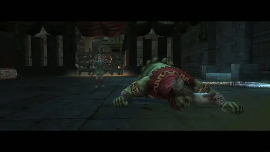 King Bulblin slumped face-down on the floor as Link stands by King Bulblin slumped face-down on the floor as Link stands by