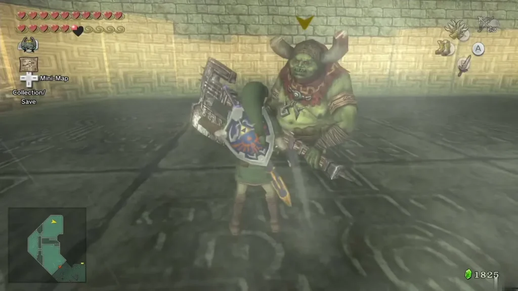 Link raising his shield against King Bulblin in the castle courtyard Link raising his shield against King Bulblin in the castle courtyard
