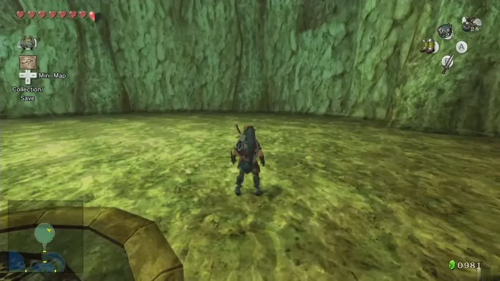 Link standing in the empty Deku Toad arena in Lakebed Temple Link standing in the empty Deku Toad arena in Lakebed Temple