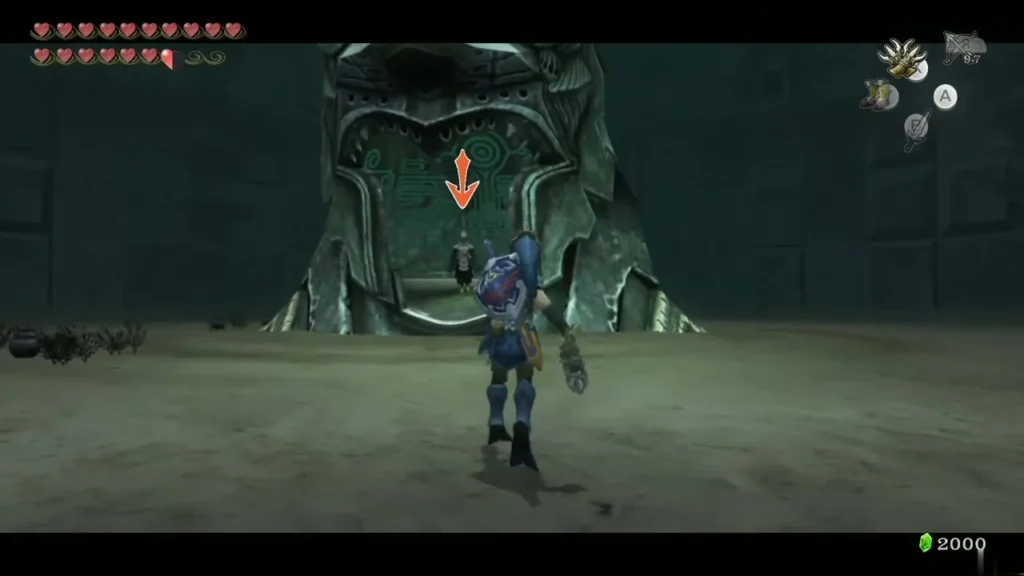 Link facing the giant helmet with a Clawshot target marker over Zant Link facing the giant helmet with a Clawshot target marker over Zant
