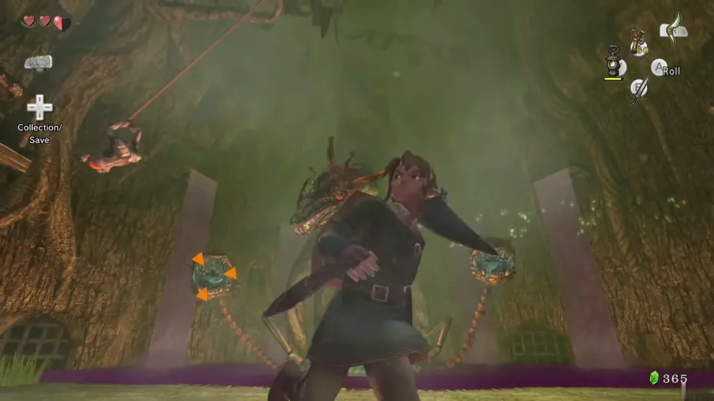 Link holding the Gale Boomerang toward Ook swinging on a rope above the pool Link holding the Gale Boomerang toward Ook swinging on a rope above the pool