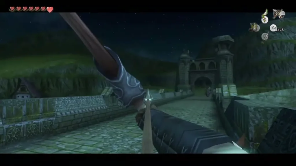 Link aiming a bow along the stone bridge at night Link aiming a bow along the stone bridge at night
