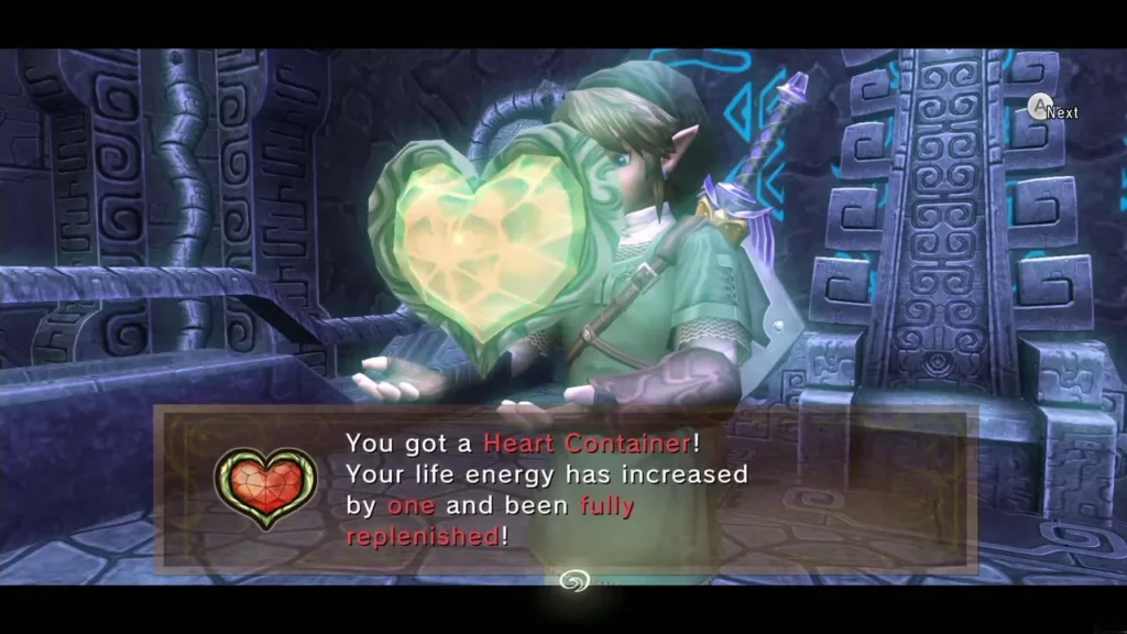 Link holding up a glowing Heart Container with the item message box Link holding up a glowing Heart Container with the item message box
