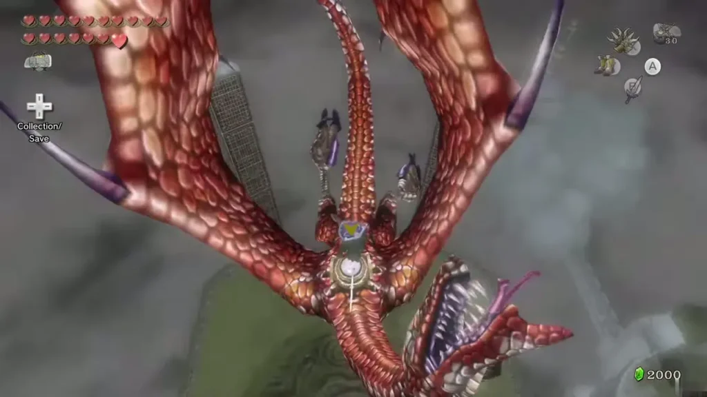 Link riding on Argorok's back and striking its exposed weak spot Link riding on Argorok's back and striking its exposed weak spot