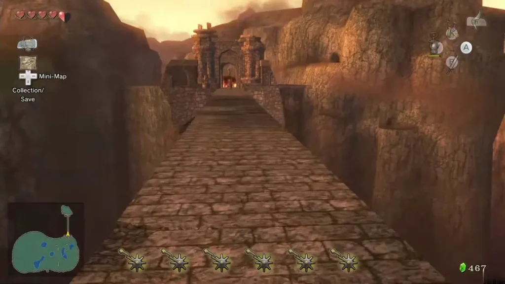 Link galloping on Epona down the Bridge of Eldin toward the gate Link galloping on Epona down the Bridge of Eldin toward the gate