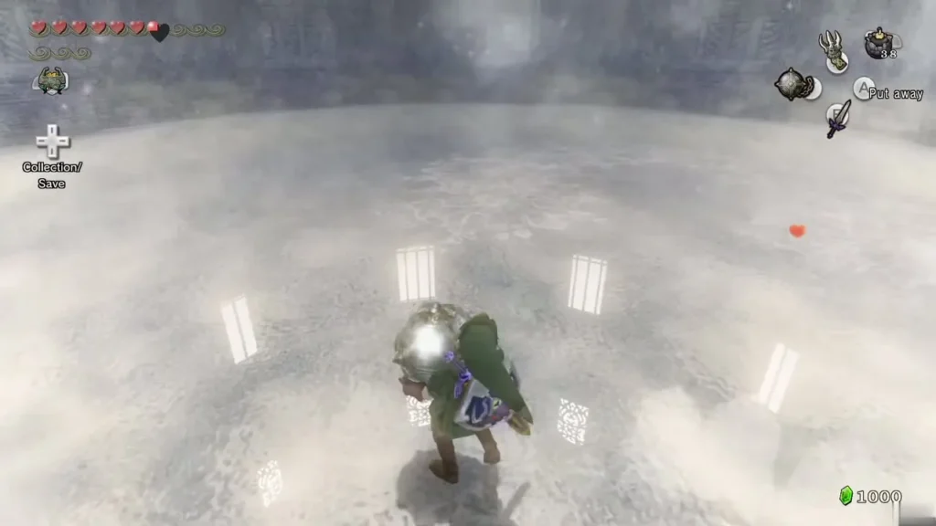 Link rolling across the frozen room away from Blizzeta Link rolling across the frozen room away from Blizzeta