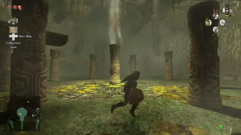 Link running toward a pillar in the round totem room Link running toward a pillar in the round totem room