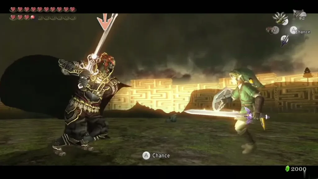 Ganondorf raising his sword to block a slash from Link in the arena Ganondorf raising his sword to block a slash from Link in the arena
