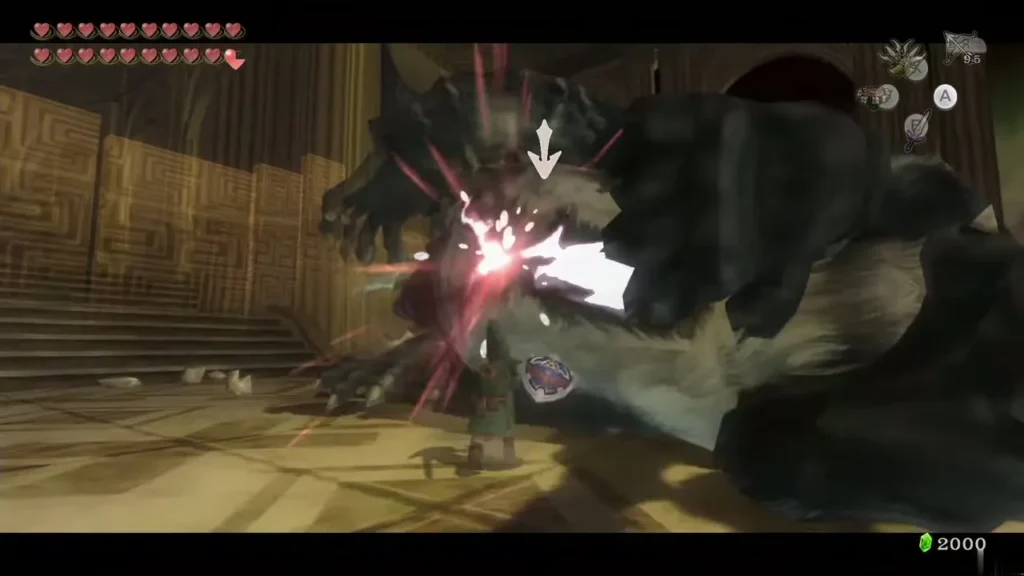 Link's sword striking the underside of Dark Beast Ganon in a burst of light Link's sword striking the underside of Dark Beast Ganon in a burst of light