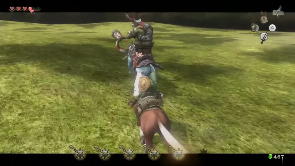 Link on Epona striking the armored back of King Bulblin on the field Link on Epona striking the armored back of King Bulblin on the field