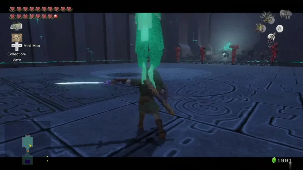 Link slashing the green image of Phantom Zant with the Master Sword Link slashing the green image of Phantom Zant with the Master Sword
