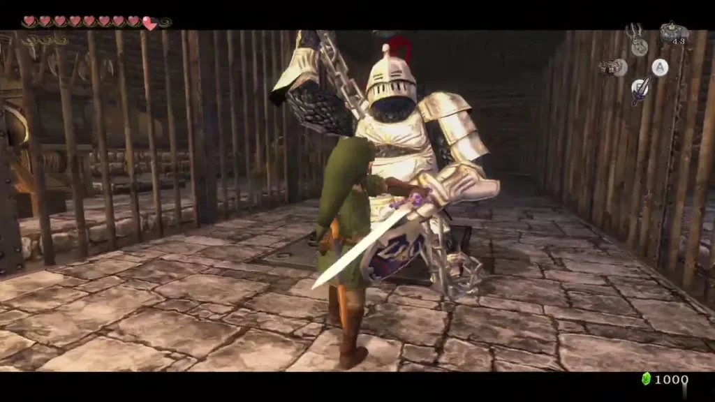Link with the sword drawn beside Darkhammer's chained armor in the hall Link with the sword drawn beside Darkhammer's chained armor in the hall