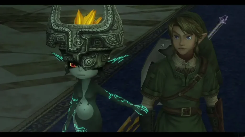 Midna and Link standing side by side in the castle throne room Midna and Link standing side by side in the castle throne room