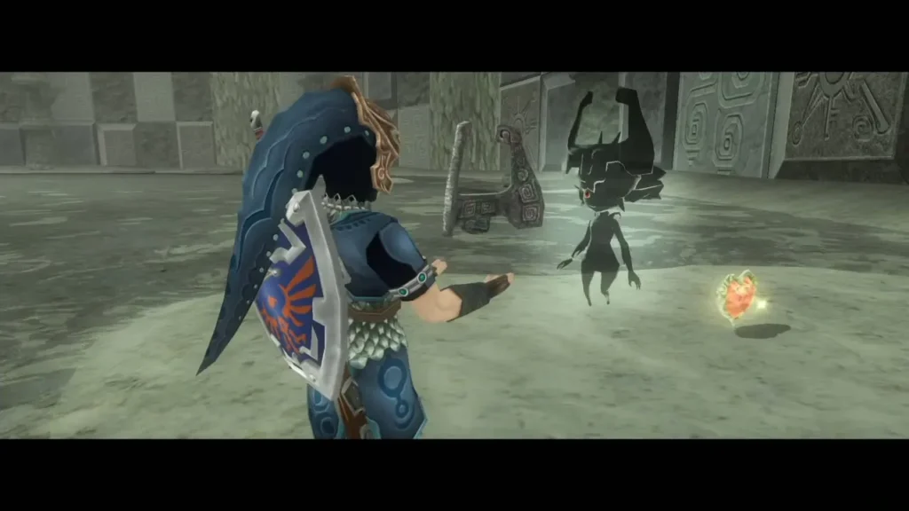 Midna appearing beside Link with a heart container on the floor Midna appearing beside Link with a heart container on the floor