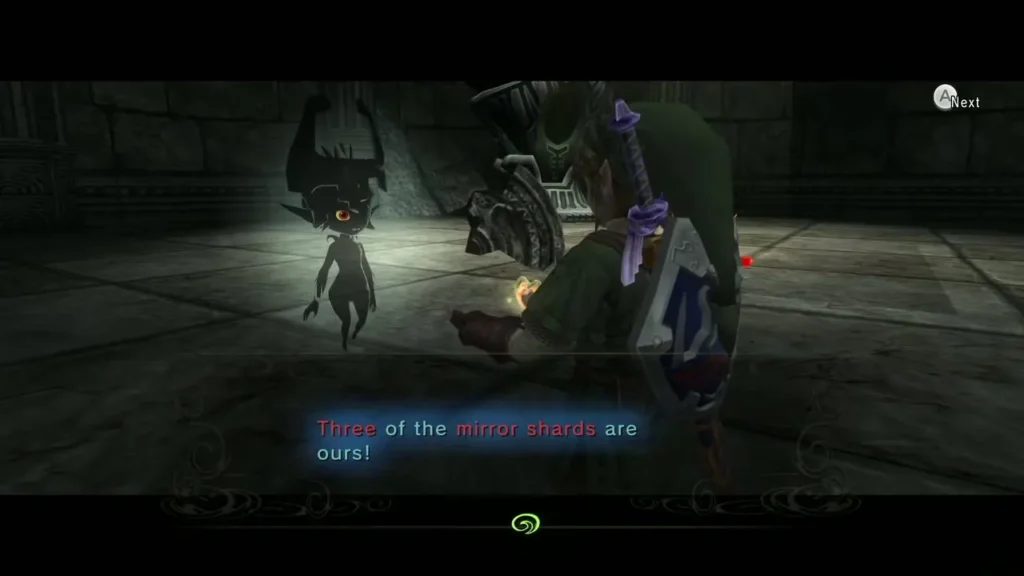 Midna telling Link that three of the Mirror Shards are theirs Midna telling Link that three of the Mirror Shards are theirs