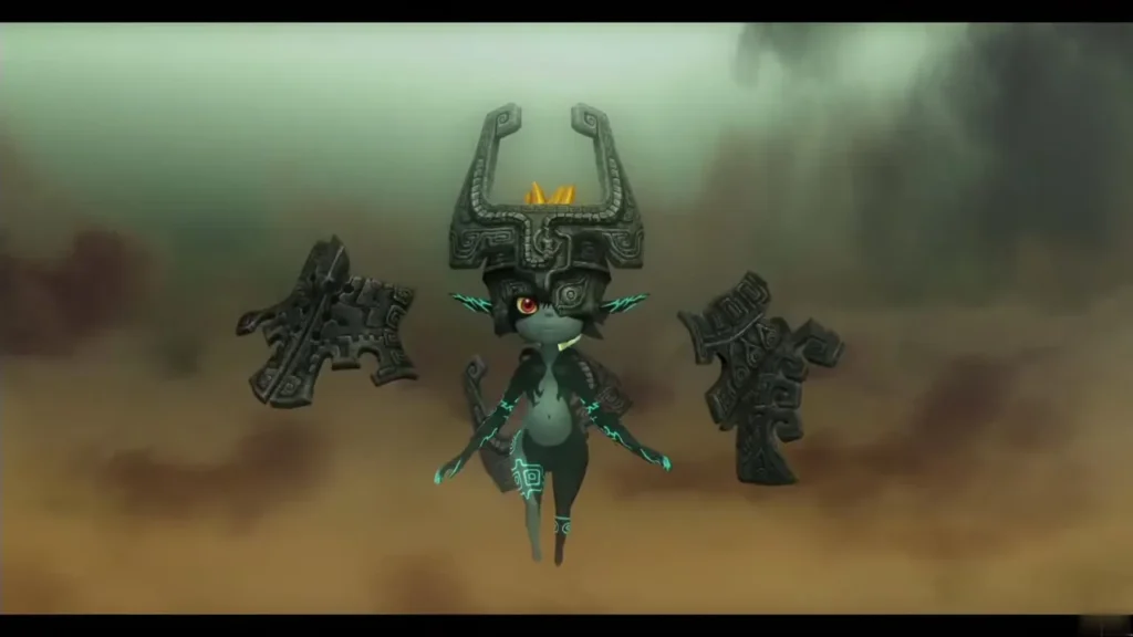 Midna with two Fused Shadow pieces floating beside her Midna with two Fused Shadow pieces floating beside her