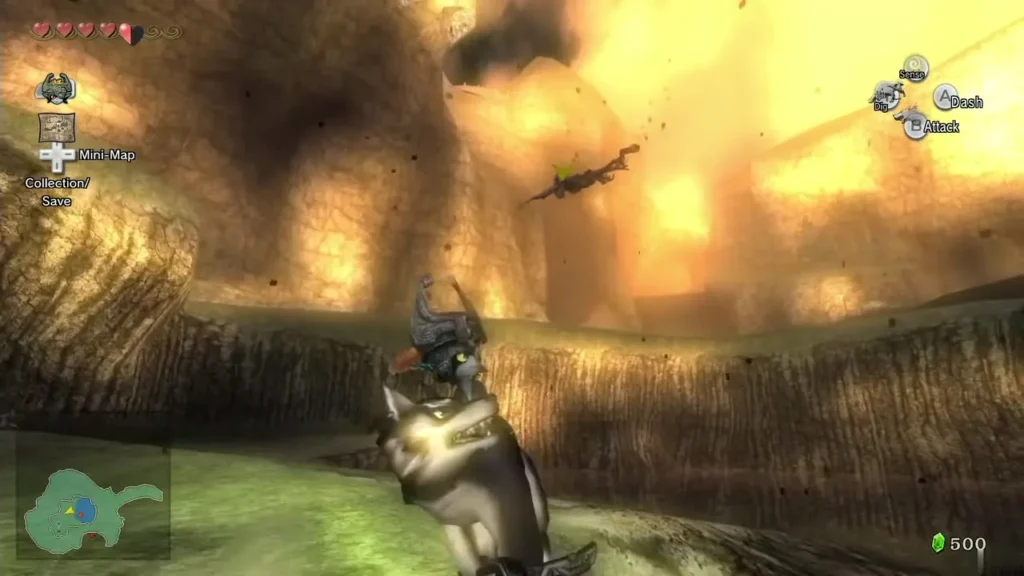 Midna riding Wolf Link while a flaming arrow flies past Midna riding Wolf Link while a flaming arrow flies past