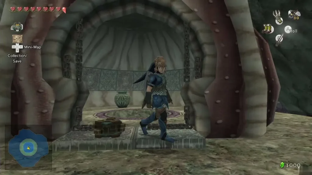 Link standing in the Morpheel arena room in Lakebed Temple Link standing in the Morpheel arena room in Lakebed Temple