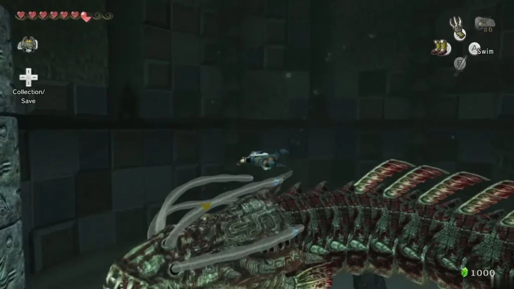 Link swimming beside Morpheel's ridged body in the dark chamber Link swimming beside Morpheel's ridged body in the dark chamber