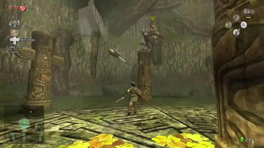 Ook on a pillar top as his boomerang flies toward Link Ook on a pillar top as his boomerang flies toward Link