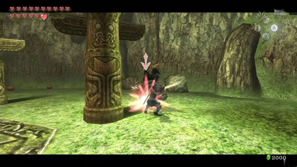 Link striking Zant behind one of the totem pillars Link striking Zant behind one of the totem pillars