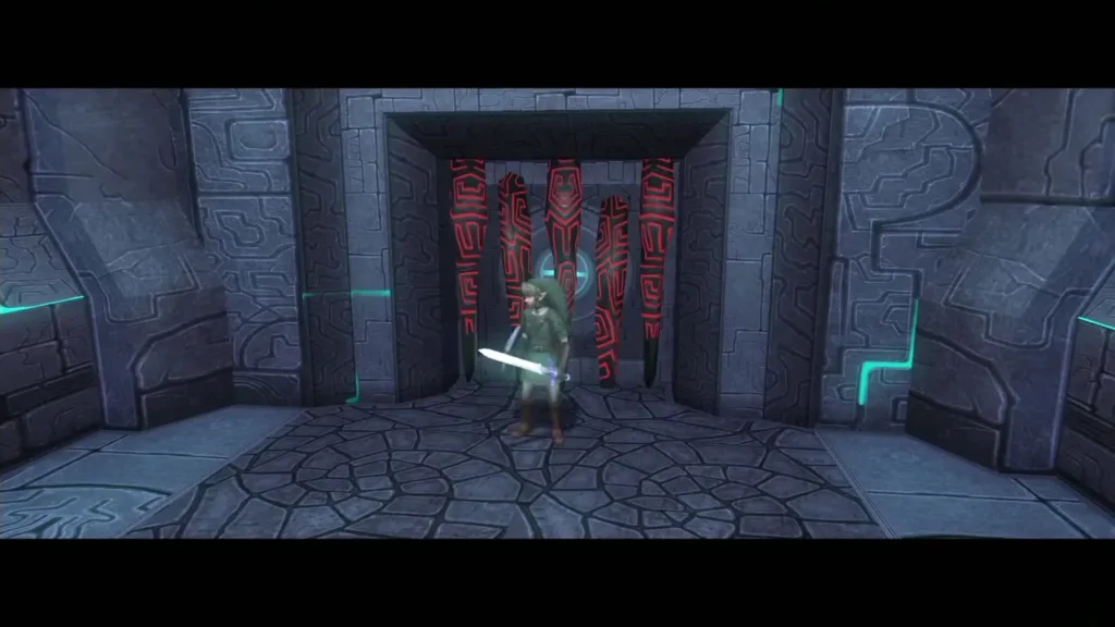 Red seal bars closing the Palace of Twilight doorway as Link stands before them Red seal bars closing the Palace of Twilight doorway as Link stands before them