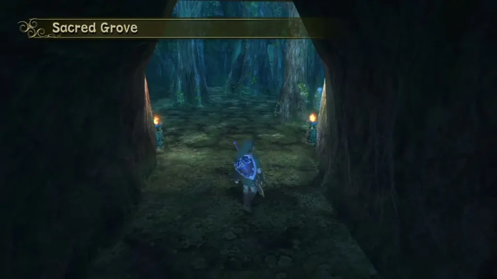 Link walking into the Sacred Grove between torch-lit stone walls Link walking into the Sacred Grove between torch-lit stone walls
