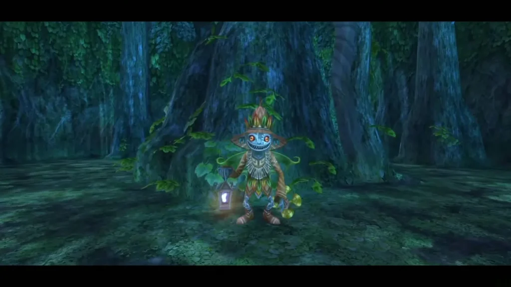 Skull Kid holding a glowing lantern among the trees of the Sacred Grove Skull Kid holding a glowing lantern among the trees of the Sacred Grove