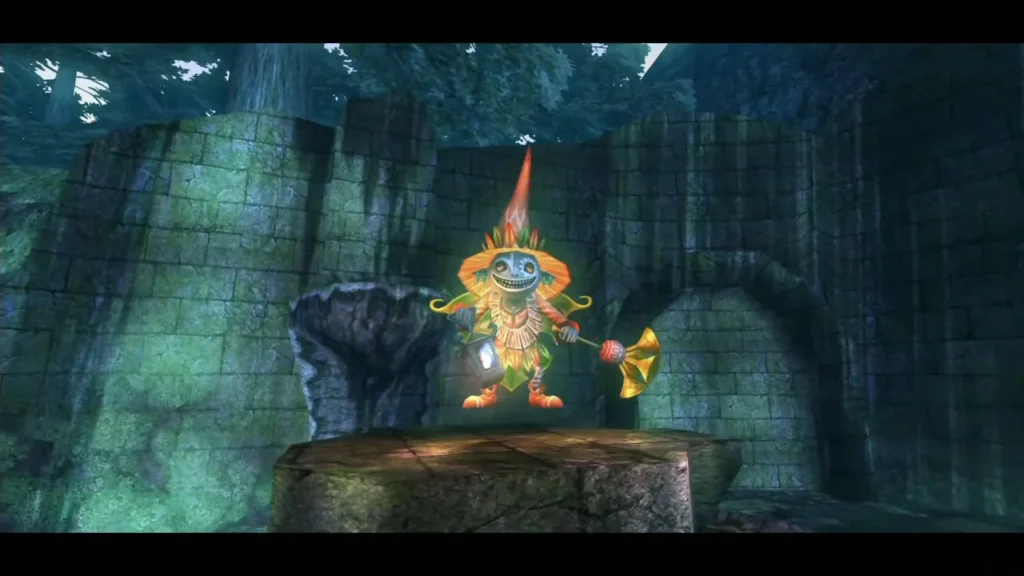 Skull Kid standing on a stone platform in the ruins Skull Kid standing on a stone platform in the ruins