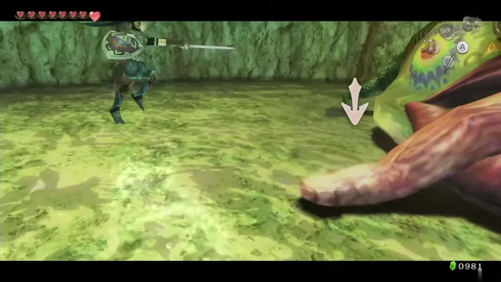 Link slashing the Deku Toad exposed tongue with his sword Link slashing the Deku Toad exposed tongue with his sword