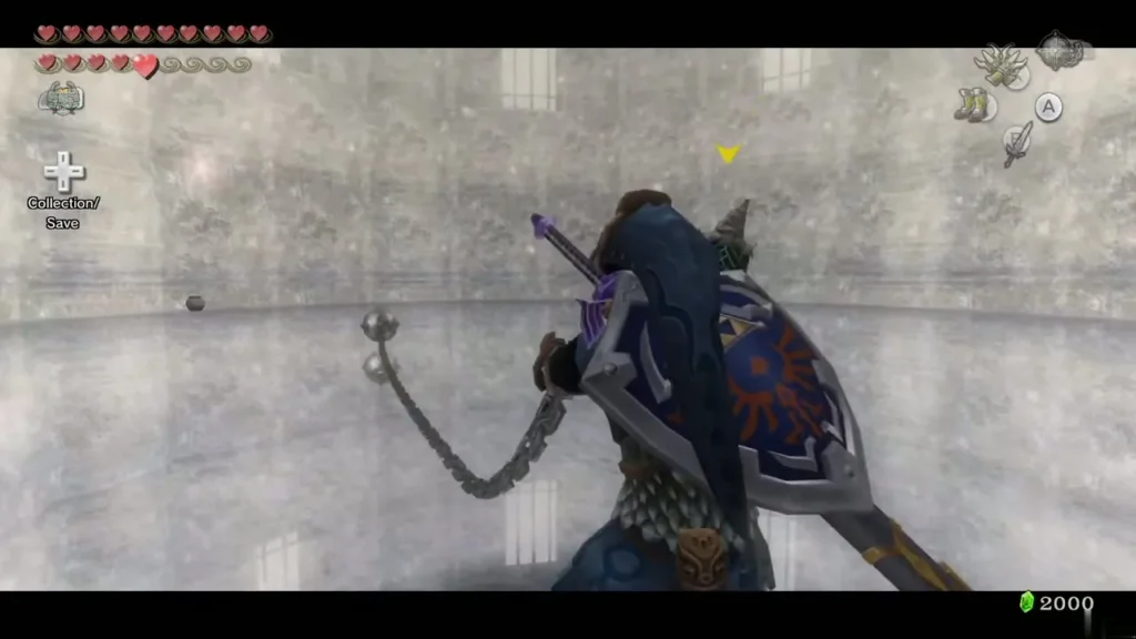 Link with the Ball and Chain swinging in the Snowpeak Ruins arena Link with the Ball and Chain swinging in the Snowpeak Ruins arena