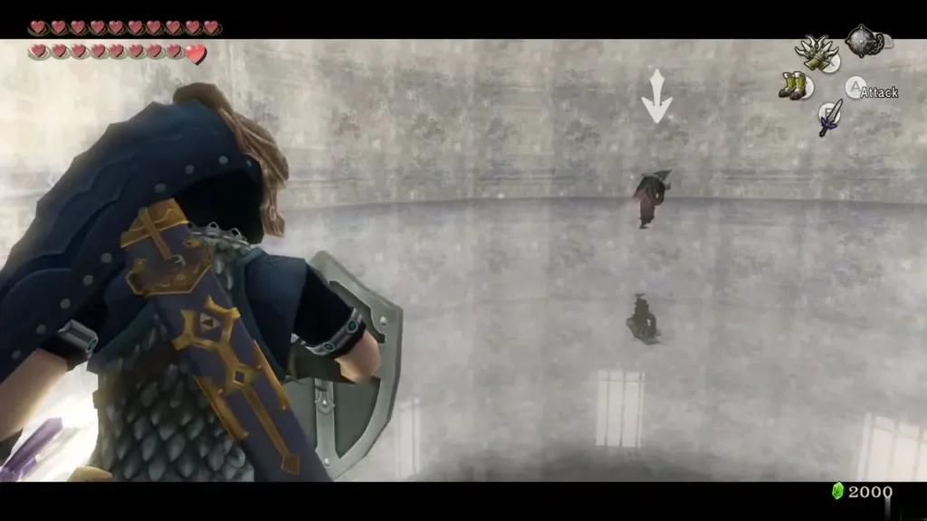 Shrunken Zant hopping away from Link in the snowy arena Shrunken Zant hopping away from Link in the snowy arena
