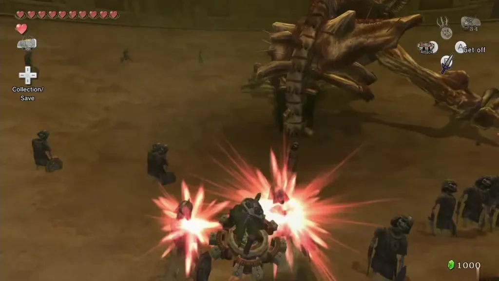 Link on the Spinner ramming into Stallord's skull with a burst of sparks Link on the Spinner ramming into Stallord's skull with a burst of sparks