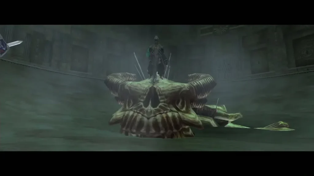 The skeleton beast with its spine raised in the sandy arena The skeleton beast with its spine raised in the sandy arena